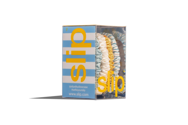 Box of 'slip' hair ties with a white background
