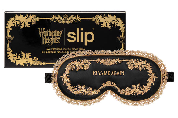 Sleep mask with gold lace trim and 'Wuthering Heights' branding on a white background