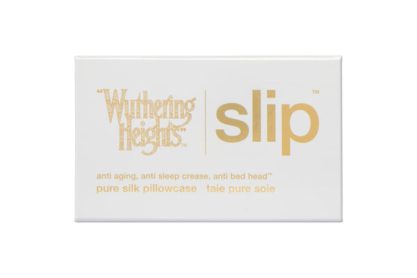 White packaging of 'Wuthering Heights x slip' with gold text on a white background