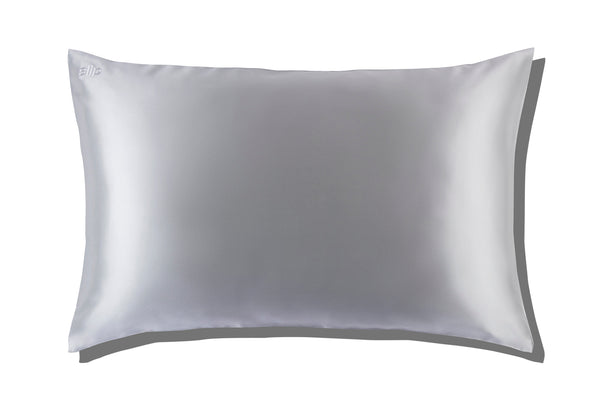 Silver slip silk queen pillowcase branded packaging on a white background.