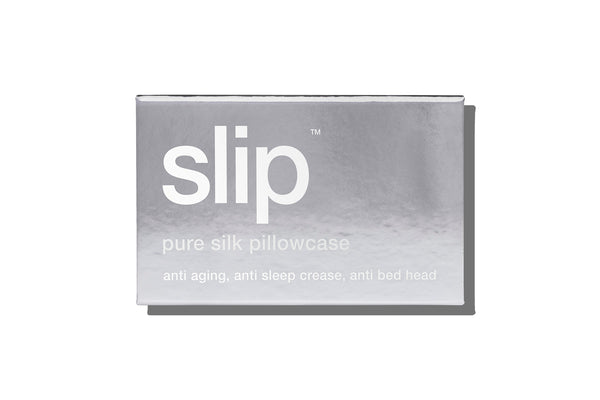 Silver slip silk queen pillowcase branded packaging on a white background.