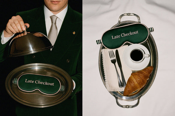 Butler holding a silver tray with 'Late Checkout' sleep mask, followed by a close-up of the tray with coffee, croissant, and napkin.