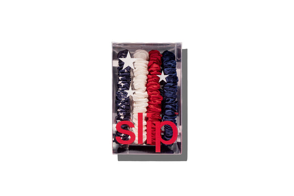 Set of hair ties in red, white, and blue in a box with 'slip' branding